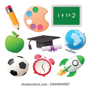 Back to school elements vector set design. School supplies element in 3d realistic like pencil, water color palette, chalkboard, apple, graduation cap and globe isolated in white background. Vector 