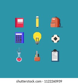 Back to school elements.pixel art.8bit.
