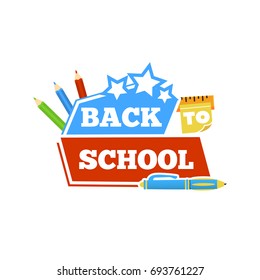 Back to school emblem with accessories. Vector illustration