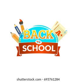 Back to school emblem with ribbon. Vector illustration
