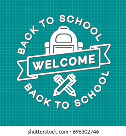 Back to school emblem white color consisting of school backpack, pen and pencil on checkered background green color. Vector illustration.