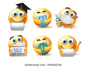 Back to school emoji covid-19 guidelines vector set. Emoticon 3d student characters in covid safety measure for educational pandemic prevention emojis collection design. Vector illustration