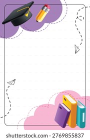 Back to School Empty Poster Template clipart. School banner design with copy space abstract background and education elements such as books, pencil, and graduation cap clip art for classroom materials, editable templates and school promotion vector illustration. 
