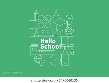 Back to school. Engaging minimalist poster with educational elements in line art style on a vibrant green background.