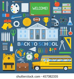 Back to school equipment. Basic education elements collection. Schoolbag, bus, college building, chalkboard, school-bus, stationery. Elementary school supplies set.