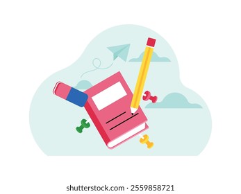 back to school equipment such as backpacks, pencils, pens, books, triangular rulers and water bottles.
design, vector, illustration