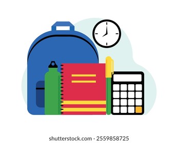 back to school equipment such as backpacks, pencils, pens, books, triangular rulers and water bottles.
design, vector, illustration