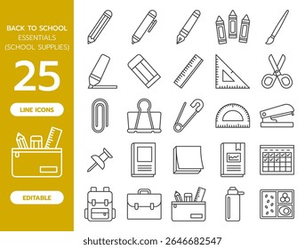Back to School Essentials Icon Set featuring 25 school supply items in editable line icon style. Perfect for educational materials, digital planners, printables, and school-themed projects.