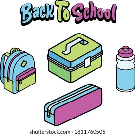 Back to school essentials set with backpack, lunch box, pencil case and water bottle, cute bee mascot, isometric style clipart for education, learning and stationery design projects.