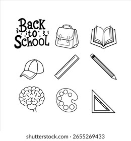 Regreso a la Escuela Essentials, Suministros y Ilustración vectorial de Refuerzos Cerebrales