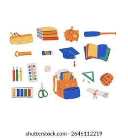 De volta à escola essencial com suprimentos e tema de graduação para design educacional.