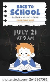 Back to school event poster with cute cartoon boy, open book, blackboard theme. Great for school fairs, games, and kids' educational promotions.