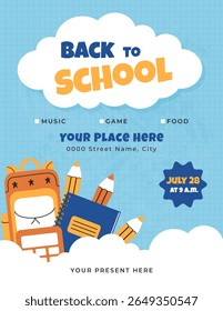 Back to School event poster template. Announcement with date time and venue for school kids creative for social media flyer, card cover brochure or banner. Music game food, present. Education supplies