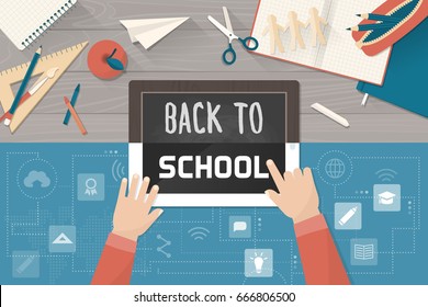 Back To School Evolution, Yesterday And Today: An Old Chalkboard Becomes A Contemporary Digital Tablet, Innovative Technology And Education Concept