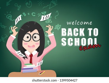 Back to school, exam concept, student nervous, people character vector, sign and symbol flat design, poster background