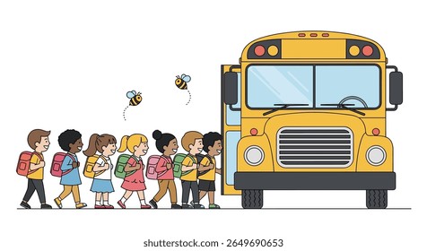 Back to school excitement children in colorful outfits with backpacks boarding a cheerful yellow school bus for a new academic year adventure