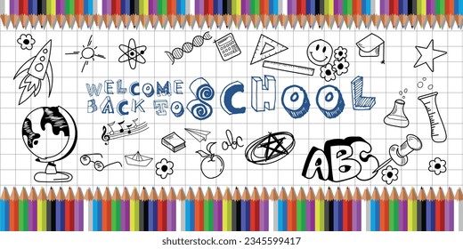 "De vuelta a la escuela" - texto exclusivo, fondo de cuaderno, con artículos escolares hechos a mano. Fondo vectorial y lápices en la parte superior e inferior del cartel.