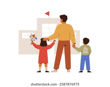 Back to school. Father with daughter and son at the first day of study year near school building. Dad and siblings with backpack and flowers walk to the class. Elementary education concept. Vector