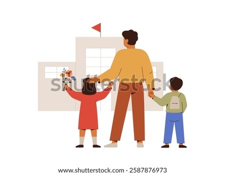 Back to school. Father with daughter and son at the first day of study year near school building. Dad and siblings with backpack and flowers walk to the class. Elementary education concept. Vector
