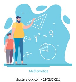 Back to School. Father and son study mathematics. Education concept. Vector Illustration 