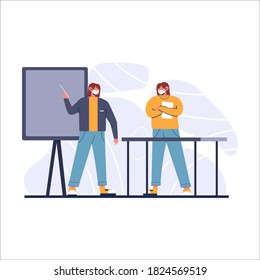 Back to school, female student with a mask paying attention to a female teacher in front of a board, high school student learning in class vector illustration for website