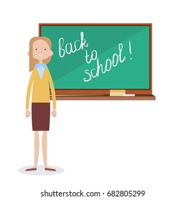 Zurück zur Schule Weibliche Lehrerin, die vor Skhalk-Schulboard auf weißem Hintergrund, Vektorgrafik