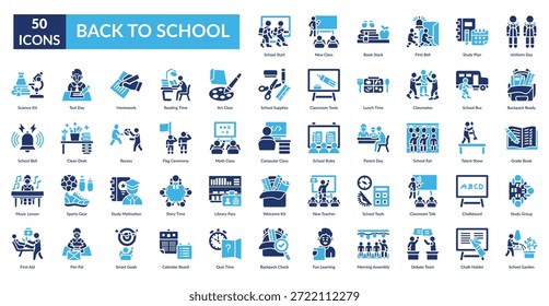 Volver A La Escuela Conjunto De Iconos De Relleno. Inicio de la escuela, Clase Nueva, Pila de libros, Primera campana, Plan de estudio, Día del uniforme, Mochila lista