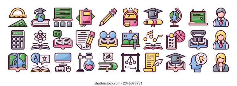 Back to school fill outline icon set. Perfect for graphic design, mobile, UI, and web masterpieces