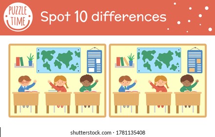 Back to school find differences game for children. Educational activity with schoolchildren sitting in classroom. Printable worksheet with cute funny smiling characters. Geography lesson scene
