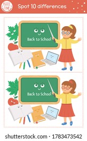 Back To School Find Differences Game For Children. Educational Activity With Teacher Next To Chalkboard And Kawaii School Objects. Printable Worksheet With Cute Funny Smiling Characters. 
