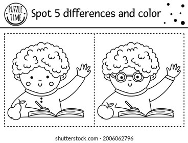 Back to school find differences game for children. Black and white educational activity and coloring page with school boy. Autumn printable worksheet with cute pupil. 
