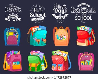 Back To School And First Day In College, Squared Page With Backpack. Chancellery In Bag, Pen And Notebook, Paints And Tassel, Knowledge Symbol Vector. Set Of Backpaks. Flat Cartoon Isometric 3d