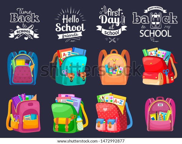 Back to school and first day in college, squared page\
with backpack. Chancellery in bag, pen and notebook, paints and\
tassel, knowledge symbol vector. Set of backpaks. Flat cartoon\
isometric 3d
