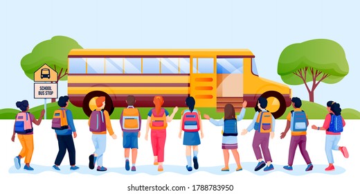 Back to school or first day at school concept. Kids schoolchildren with backpacks run to yellow bus. Vector flat cartoon back view illustration