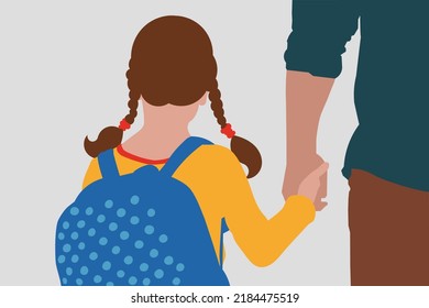 Back to school. First day at school. Father brings his daughter to school in the morning. Kid with parent on first day at school. Man and girl with backpack. Beginning of lessons. First day of fall