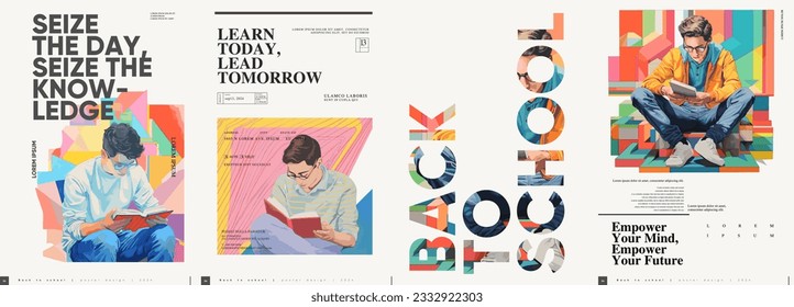 Back to School. First day of school. Set of vector illustrations. People are reading a book. Typography poster design and vectorized watercolor illustrations on a background. 
