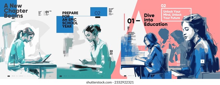 Back to School. First day of school. Set of vector illustrations. People are reading a book. Typography poster design and vectorized watercolor illustrations on a background.  - Shutterstock ID 2332922321