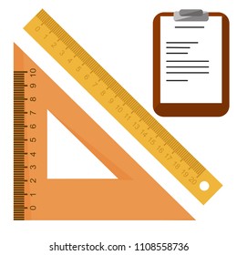 Back to school. First day in school .school supplies, stationery. Modern flat vector illustration icons Isolated on white background. triangular wooden corner, wooden ruler.