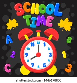 Back to school. First day of school. School Time. Colorful title and elements in black background. Vector illustration. 