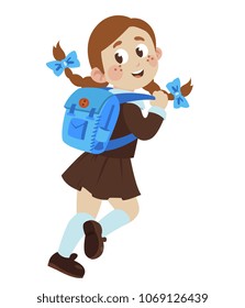Back to school. the first grader vector illustration. schoolgirl running to school