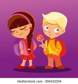 Back to school. First love at school. Couple of beloved pupils,boy and girl. Cute boy giving a gift for little beautiful girl. Be my Valentine. Vector illustration