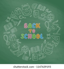 Back to school. First September. Day of knowledge. Lettering. Linear. Сhalkboard. Set of school elements in doodle and cartoon style. Vector