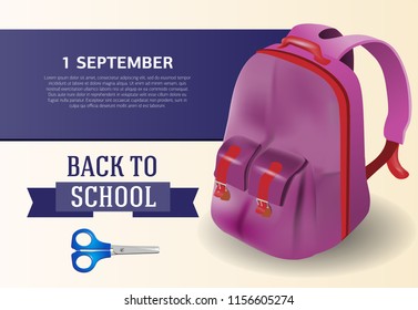 Back to school, first of September poster design with backpack and scissors. Text can be used for signs, brochures, banners