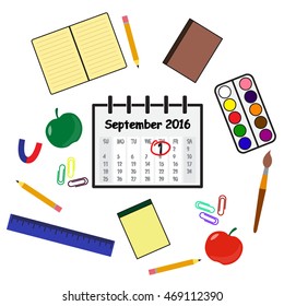 back to school. first of september. school supplies around calendar. flat design