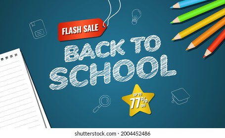 Back To School Flash Sale Banner With Illustration Blue Board, Pencil Color And Paper.