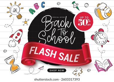 Back to school flash sale clipart background design. School sale 50% off special offer shop discount clip art in black circle and paper space background with colorful educational drawing flat elements