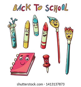 Back to school. Flask for chemical experiments, colored pastel pencils for drawing, paint brushes, notebook on rings, pin. Funny characters. Isolated clipart set of stationery for a primary school.