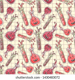 Back to school. Flask for chemical experiments and test tube. Funny smiling colorful characters. Set of stationery for a primary school student. Seamless background with pattern.