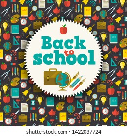 Back to school flat background with sticker and supplies seamless pattern vector illustration