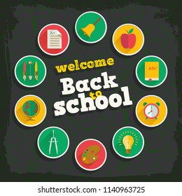 Back to school flat background with supplies in circles and icons seamless pattern vector illustration